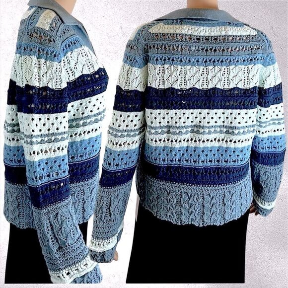 Jonathan Simkhai Roxana  Macrame Blue Striped Crop Crochet Sweater Top V-neck S - Picture 7 of 14